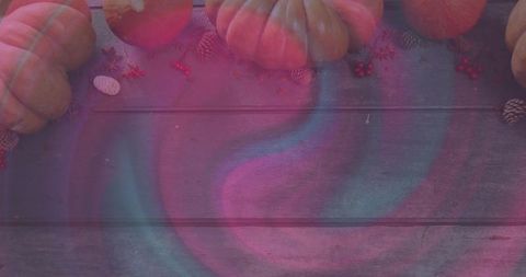 Row of ribbed pumpkins on rustic wooden planks with magenta-teal light overlay for autumn