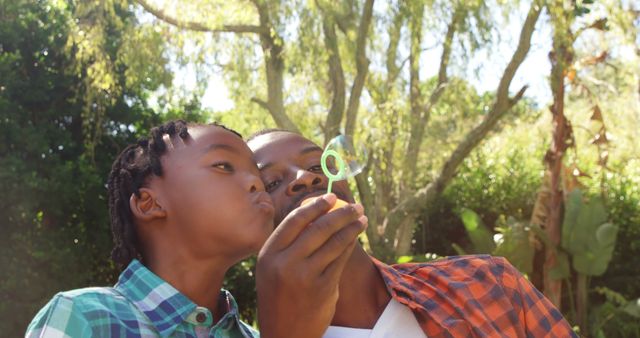 Father and Son Blowing Bubbles Outdoors on a Sunny Day - Download Free Stock Images Pikwizard.com