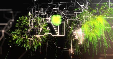 Glowing AI Core Radiating Neon Wireframe With Green Particle Bursts and Digital Circuits