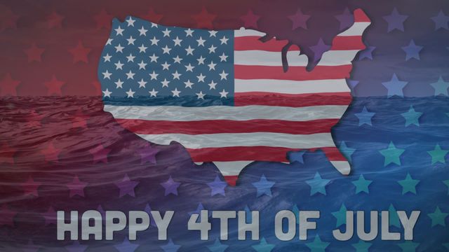 Digital animation featuring a USA map with American flag design and 'Happy 4th of July' text overlay. Background consists of a blend of blue and red colors along with stars. Perfect for online and social media content relating to Independence Day, national pride, and patriotic events.