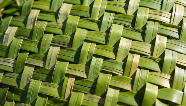 Handwoven green leaf mat close-up showing palm fiber texture and geometric weave