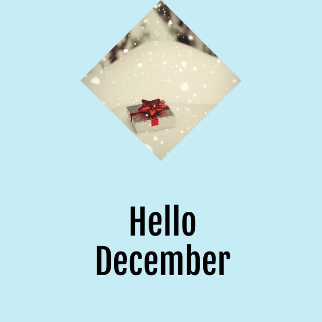 Hello December Text with Gift Box in Snowy Winter Landscape - Download Free Stock Templates Pikwizard.com