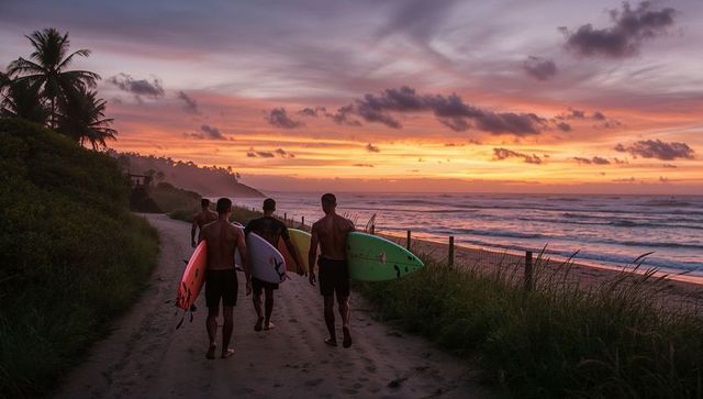 Sunset surf crew walking toward ocean with colorful boards on tropical beach trail at golden hour
