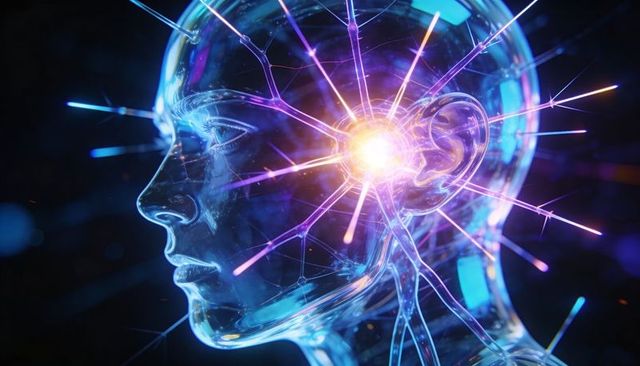 Glowing translucent cyborg head with neon neural filaments and luminous digital core