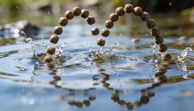 Arcing boilie pellets creating mirror splash crowns and curved ripples on pond surface