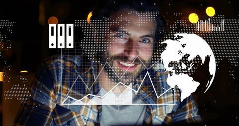 Developer analyzing live global analytics dashboard with glowing bokeh lights and charts