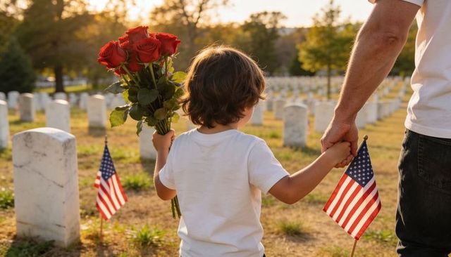 Child and parent honoring fallen with roses and flags in cemetery at golden hour