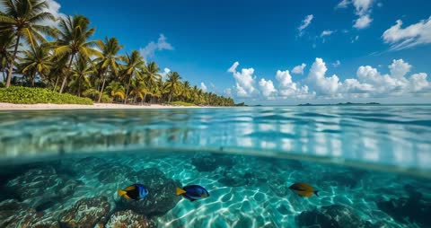 Serene Lagoon with Surgeonfish Near Tropical Beach
