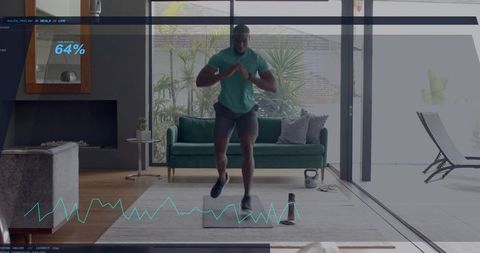 Dynamic home plyometric workout with jumping squat, kettlebell and performance hud overlay