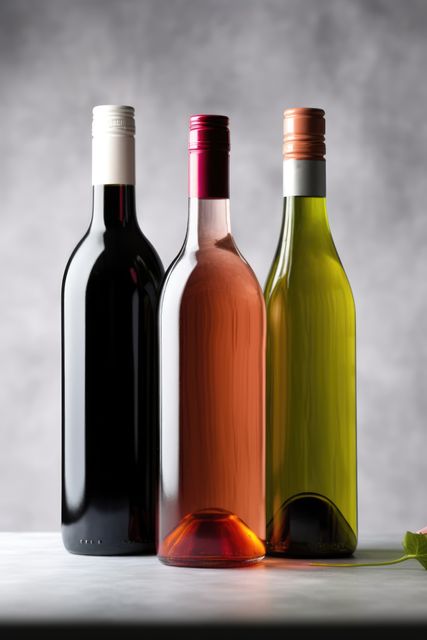 This visually appealing image features three wine bottles of different types arranged on a marble surface. The bottles, consisting of red, rosé, and white wines, are set against a grey background, offering an elegant presentation. Perfect for use in advertisements, websites, and print materials related to wine, beverages, wineries, and hospitality. Also suitable for illustrating blog articles and social media posts about wine tasting and beverage industry.