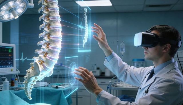 Surgeon using vr for 3d spine visualization and surgical planning in operating room