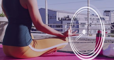 Digital Clock Overlay on Woman Practicing Yoga Outdoors
