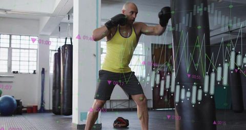 Boxer training with heavy bag and digital data overlay for performance