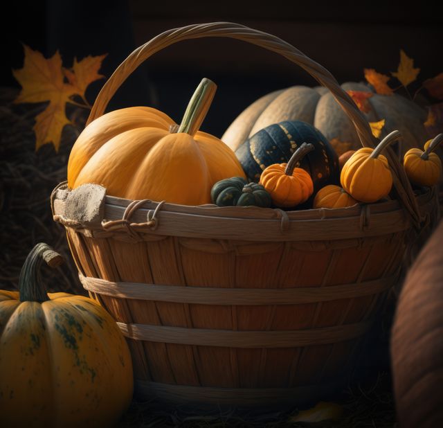 Various pumpkins in a wicker basket with autumn foliage. Ideal for use in Thanksgiving decorations, fall festivals, seasonal marketing, organic farming advertisements, and produce promotions.