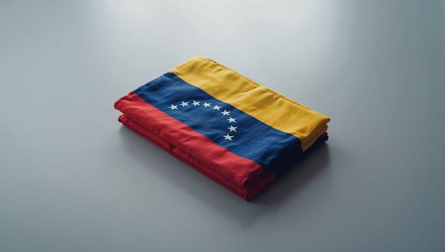 Folded venezuelan flag resting on light gray tabletop with soft shadow, tricolor textile