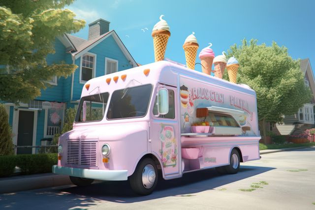 Pink retro ice cream truck in street, created using generative ai technology. Ice cream truck, summer and vintage concept digitally generated image.