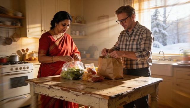 Indian woman in red sari and man unpacking groceries in sunlit farmhouse kitchen