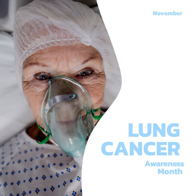 Image of lung cancer awareness month over caucasian senior woman with oxygen mask. Health, medicine and cancer awareness concept.
