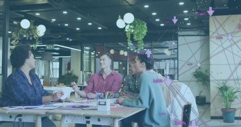 Diverse Team Collaborating with Digital Interface Icons in Modern Office