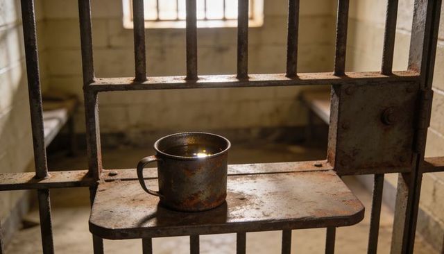 Rusty cup on prison cell tray catching sunlight, conveying isolation and quiet decay