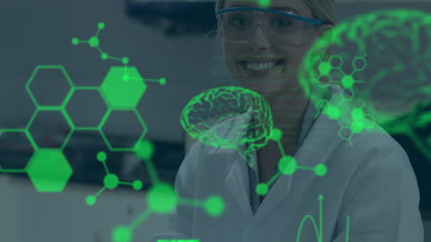 Smiling Scientist Analyzing Virtual Data in Laboratory