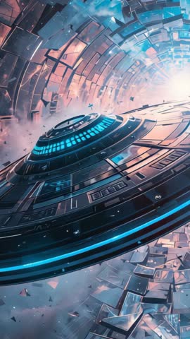 Vertical Sci-Fi Video: Saucer Craft Gliding Through Glowing Metal Tunnel Into Portal