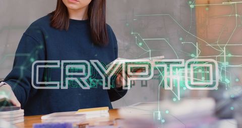 Crypto Technology Overlay with Woman Using Smartphone and Laptop