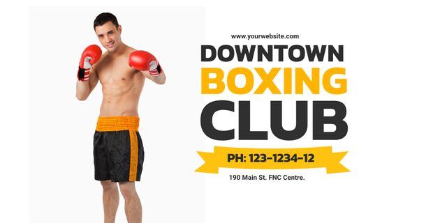 Ideal for marketing boxing clubs, fitness centers emphasizing strength and energy. Highlights an athletic young man ready for sparring, promoting exercise programs and sports-related activities. Suitable for posters, flyers, websites, and social media campaigns aiming to attract clients seeking boxing training and intense workout sessions.