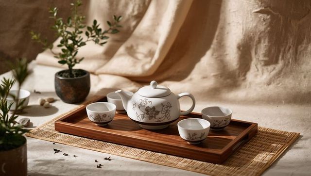 Rustic white floral ceramic teapot and four teacups on wooden tray with bamboo placemat