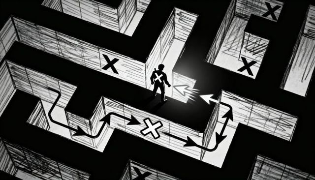 Silhouetted figure standing facing illuminated arrow navigating sketch maze with X markers