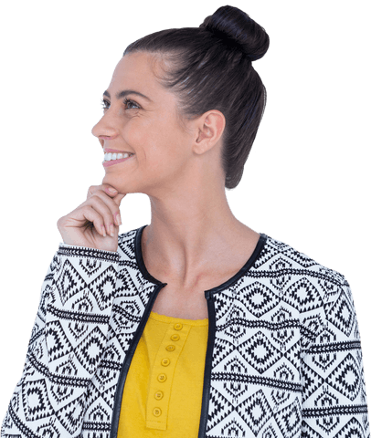 Thoughtful Woman Smiling and Looking Away on Transparent Background