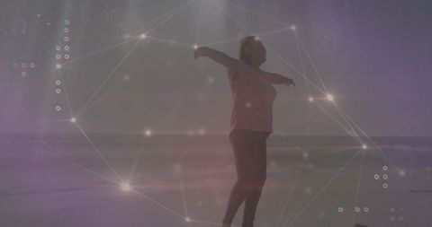 Woman Experiencing Tranquility at Beach with Digital Aura