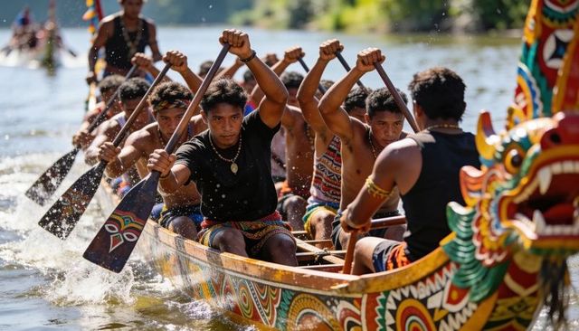 Dragon boat crew paddling in river regatta showing powerful teamwork and cultural tradition