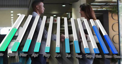 Business professionals shaking hands with analytical 3d chart