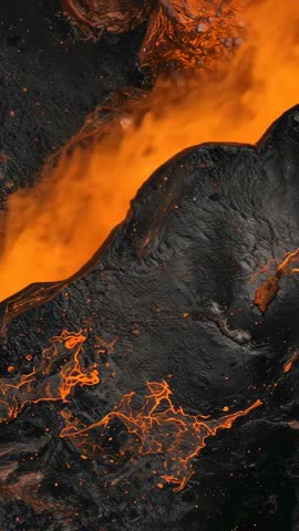 Vertical lava flow cutting through cooled basalt crust, molten channel glowing and sparking