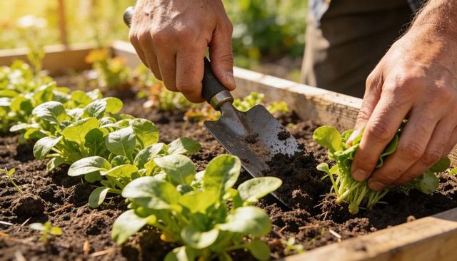 Hands transplanting leafy seedlings into raised wooden garden bed with trowel in sunlight