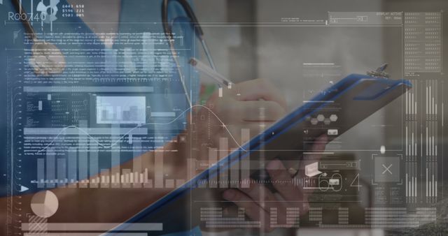 Image of financial data processing over caucasian doctor holding clipboard and taking notes. Global medicine, computing and digital interface concept digitally generated image.