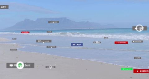 Augmented reality social media badges overlaying beach with waves and distant mountain
