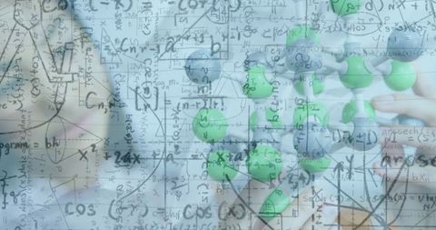 Composite of Mathematic Equations Over Woman with Molecular Model