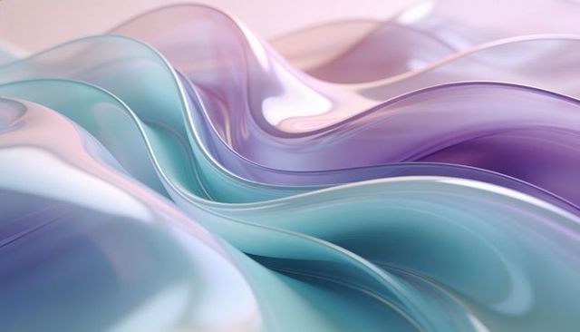 Flowing translucent ribbons forming glasslike pastel waves in teal and violet background