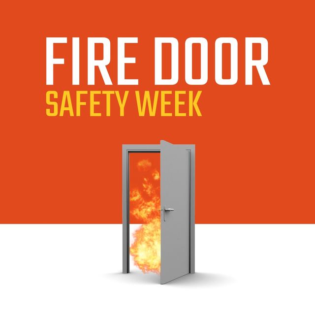 Illustration of fire burning at door and fire door safety week text on orange and white background. copy space, vector, danger, fire door, awareness, protection and campaign concept.