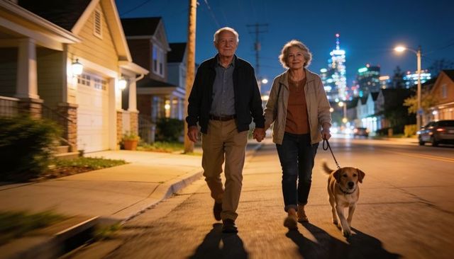 Senior couple holding hands walking dog on suburban street at night with city skyline
