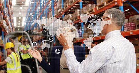 Leading warehouse team collaborating with digital logistics map overlay and forklift