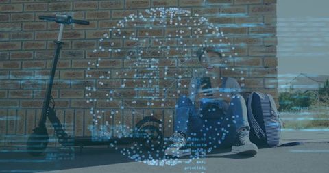 Smiling woman laughing while checking smartphone beside electric scooter on urban sidewalk