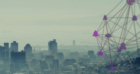 Cityscape with Digital Connectivity and Network Icons Overlay