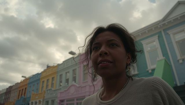 Woman standing before pastel facades wearing beige sweater and hoop earrings urban street portrait
