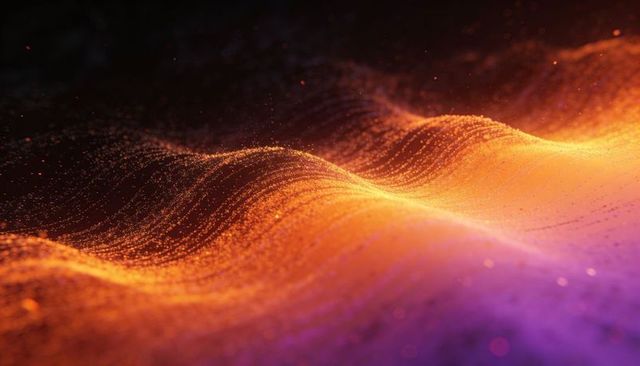 Glowing Particle Wave Undulating Over Neon Mesh, Warm Orange to Purple Gradient