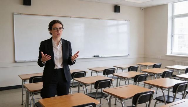 Instructor gesturing while teaching in empty university classroom with whiteboard and desks