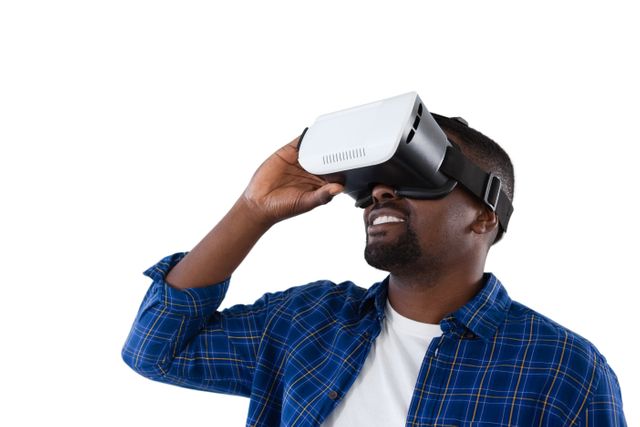 Man using virtual reality headset against white background