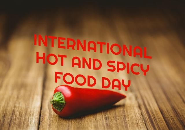 Red chili pepper placed on a wooden table with 'International Hot and Spicy Food Day' text overlay. Ideal for use in advertising, social media posts, food blogs, and event promotions related to spicy cuisine and culinary events. Suitable for creating vibrant and engaging content celebrating International Hot and Spicy Food Day.